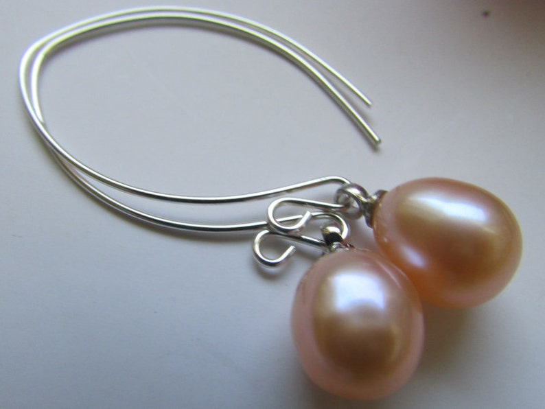 Loevely Smooth Peach Rice Fresh Water Pearl Dangle Sterling Silver Earrings Free shipping image 1