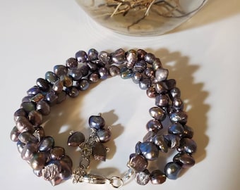 Dark Gray Pearl Bracelet, Gray Pearl Bracelet, 3 Twisted Pearl Bracelet, Baroque Pearl Bracelet, Freshwater Pearl, Wedding Pearl, Bracelets