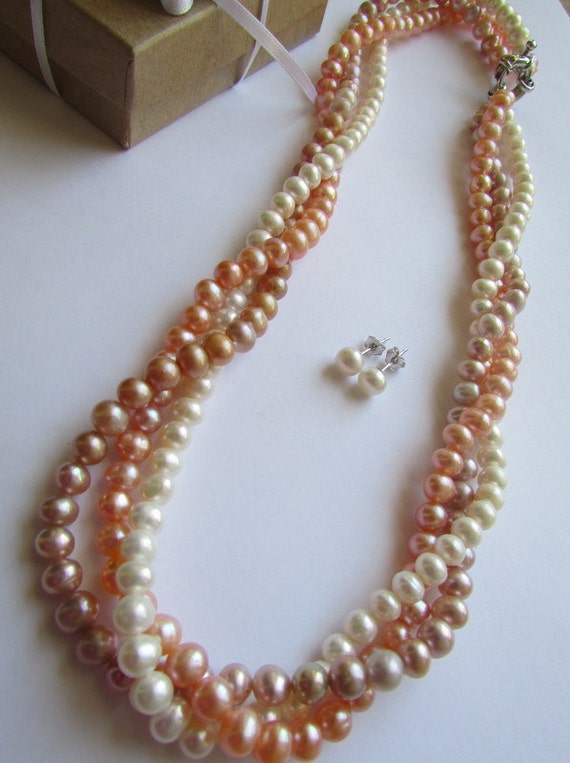 Pearl Necklace and Stud Earrings- This AAA Round Potato White, Peach, Lavender Fresh Water Pearl Necklace, Petite Round White Pearl Earring
