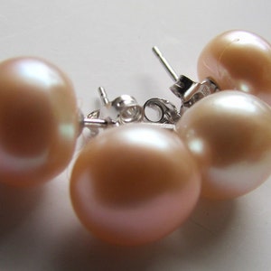 Set of Two-of Peach Potato AAA Smooth Fresh Water Pearl Sterling Silver Stud Earrings,Peach Pearl Earrings