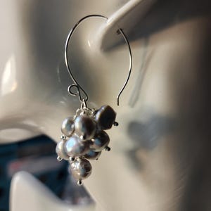 May include: Silver dangle earrings with a cluster of gray pearls.