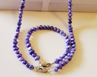 Conjunto de perlas moradas de 4-5 mm - Collar de perlas moradas, Conjuntos de perlas de agua dulce, Collar de perlas, Perla morada, Collar morado, Pulsera morada