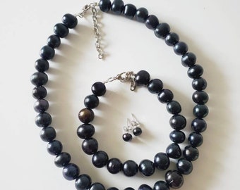 Set of Black -9-10mm Pearl, Black Pearl Necklace, Black Pearl Bracelet, Black Pearl Earrings, Pearl, Pearl Necklace, Pearl  Bracelet