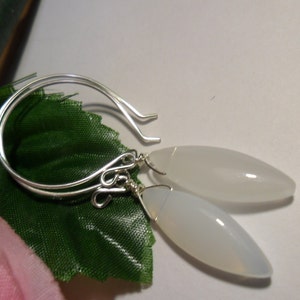 Ready to ship- Smooth Pretty Frosted White Oval Long Drop Glass Dangle Silver Earrings