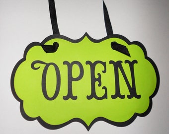Open Closed Flip Sign, Lime Green Colored Card Stock with Ribbon, Boutique Shop, Black and Bright Green, 3 sizes available, SHIPS FAST!