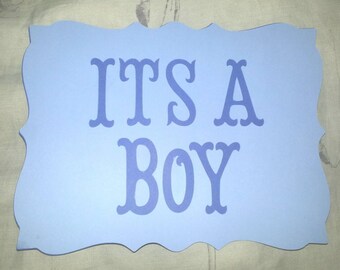 It's A Boy or It's A Girl Baby, Shower Announcement Sign Blues, Elegant Die Cut Card Stock with Ribbon, Can also be a Store Sign