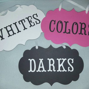 Hanging Laundry Sign Set of 3, Whites, Darks, and Colors, Card Stock with White Ribbon, Custom Sign for laundry clothes room