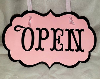 Open Closed Reversible Flip Sign, Elegant Die Cut CardStock, Hanging Boutique Open Closed Business Store Sign, Pink and Black, 10" x 6.5"