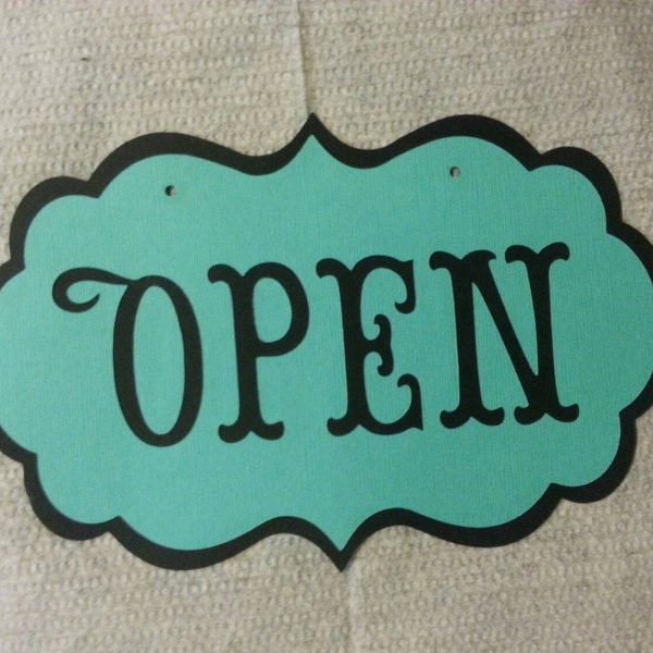 Open and Closed Reversible Flip Sign Elegant Die Cut Card Stock with Ribbon, Boutique Sign, Black and Teal Aqua, Business Sign