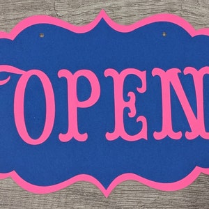 Open and Closed Reversible Flip Sign Elegant Die Cut Card Stock with Ribbon, Boutique Sign, Hot Pink and Navy Colored Business Sign