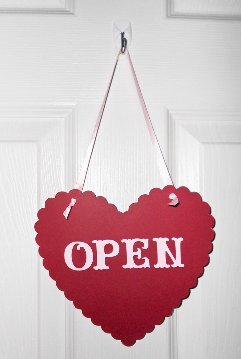 Any Type of Store Sign or Door Decor in Card Stock Light Pink Letters and Ribbon Red Scalloped Heart Shaped Open Closed Store Sign