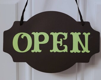 Open Closed Sign, Card Stock with Ribbon Boutique Door Sign, unique vintage style sign, Black and Bright Green