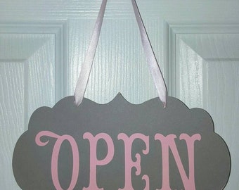 Grey and Pink Open Closed Sign, Card Stock Pink Ribbon, Boutique Door Sign, open closed shop sign, boutique vintage style