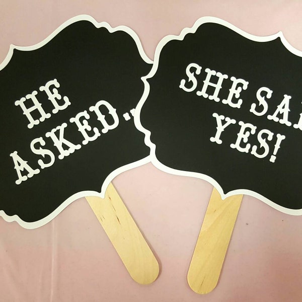 Engagement and Wedding Sign, "He Asked...She Said Yes!" On a stick Black and White handmade out of die cut Card Stock