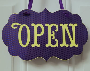 Open Closed Sign, Reversible, Handmade, CardStock, Hanging Boutique Flip Sign, Vintage Business Store Sign, shiny purple and yellow