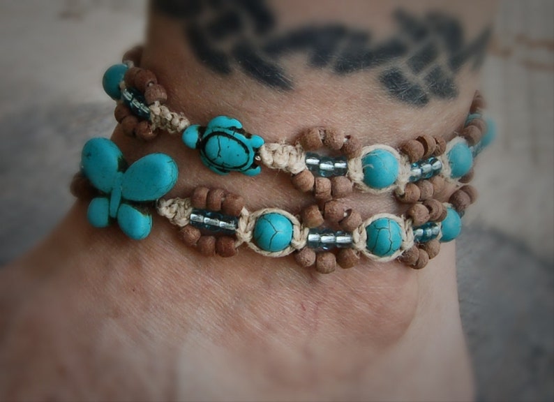 Hemp Jewelry Beach Anklet Hemp Beach Jewelry Turquoise Butterfly Anklet Turquoise Howlite Butterfly Anklet Butterfly Hemp Anklet