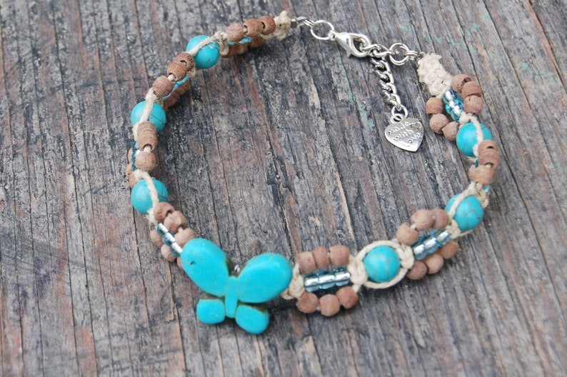 Hemp Jewelry Beach Anklet Hemp Beach Jewelry Turquoise Butterfly Anklet Turquoise Howlite Butterfly Anklet Butterfly Hemp Anklet