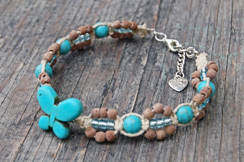 Hemp Jewelry Beach Anklet Hemp Beach Jewelry Turquoise Butterfly Anklet Turquoise Howlite Butterfly Anklet Butterfly Hemp Anklet