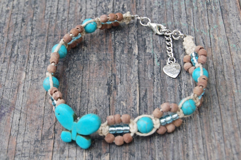 Hemp Jewelry Beach Anklet Hemp Beach Jewelry Turquoise Butterfly Anklet Turquoise Howlite Butterfly Anklet Butterfly Hemp Anklet
