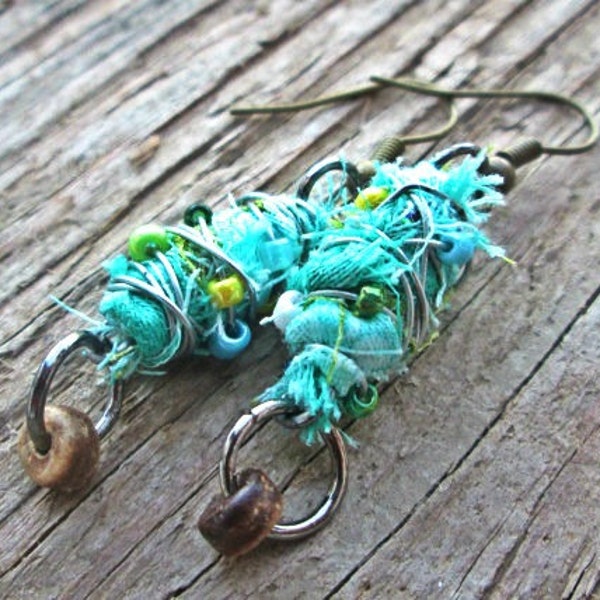 Turquoise fiber earrings - Eco friendly jewelry - Upcycled, recycled, repurposed - Bohemian jewelry - Boho earrings - Hippie Gypsy jewelry