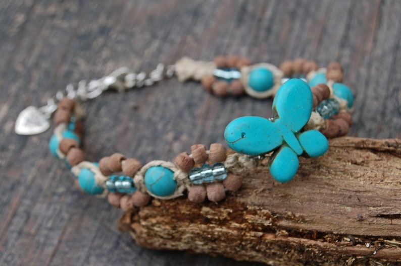 Hemp Jewelry Beach Anklet Hemp Beach Jewelry Turquoise Butterfly Anklet Turquoise Howlite Butterfly Anklet Butterfly Hemp Anklet