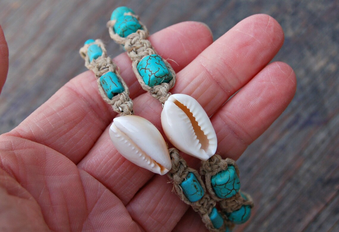 Hemp Anklet Seashell Anklet Cowrie Shell Anklet Turquoise Etsy
