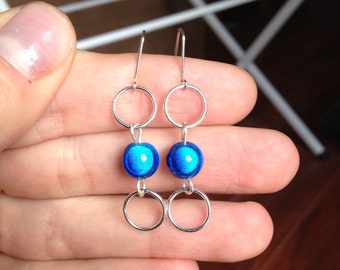 Blue Giant Galaxy Earrings, Dark Blue Miracle Bead Earrings, Dangle Earrings, Silver Earrings
