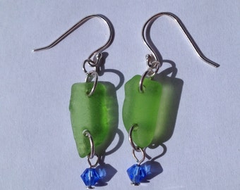 Green Sea Glass Earrings with Blue Crystal Bead - Beach Glass Earrings - Dangle Earrings