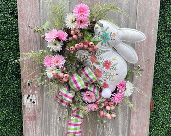 Easter Bunny Wreath door decor, Bunny Wreath with pink florals, Easter Spring Bunny Wreath for front door by Keleas