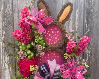 Large Deluxe Easter Wreath, Easter Bunny Wreath door decor, Bunny Wreath with pink flowers for front door by Keleas