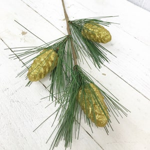 Pine and Gold Pine Cone Stem, Pine cone decor, Pine cone for Christmas tree, Artificial Pine Cones , Keleas