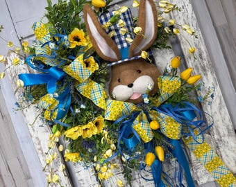 Easter Bunny Wreath, Spring Door Wreath, Blue Yellow Wreath, Front Door Decor, Farmhouse Easter Decor, Spring Floral Wreath by Keleas