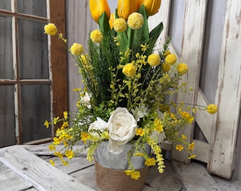 Yellow Tulip Arrangement, Spring Centerpiece, Farmhouse Floral Decor, Summer Table Decor, Rustic Flower Arrangement by Keleas