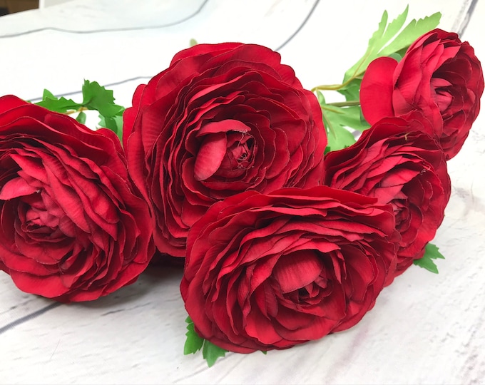 Large Red Silk Flowers, Artificial Red Ranunculus Bush, Ranunculus Bush