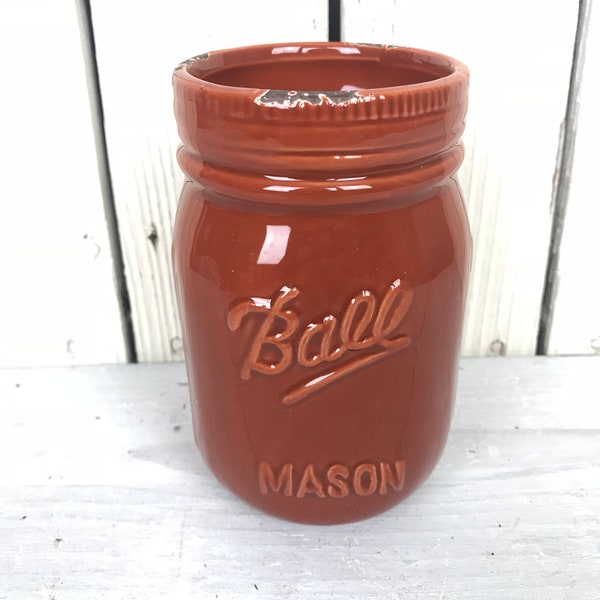 Decorative Rustic Burnt Orange Ceramic Mason Jar, Ball Mason Jar for floral design,  Container for rustic floral arrangements by Keleas