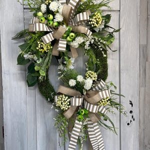 Neutral Splendor Moss Wreath, Elegant Green & White Wreath with Bows, Year Round Wreath, Rustic Farmhouse Wreath by Keleas