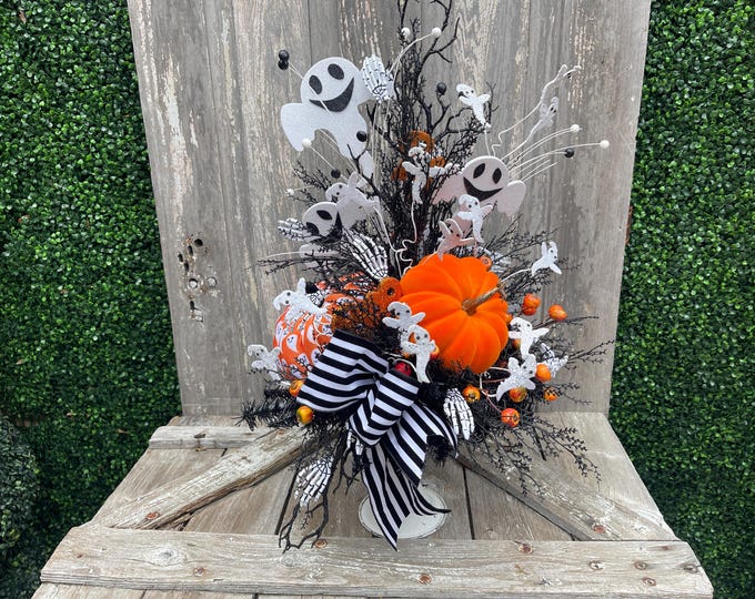 Halloween Floral Arrangement Ghost Pumpkin Centerpiece, Spooky ...