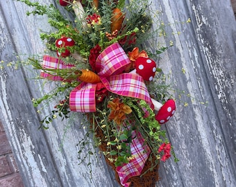 Easter Carrot Door Wreath with Mushrooms and flowers, Spring Carrot front door for Easter  Wreath with ribbon by Keleas