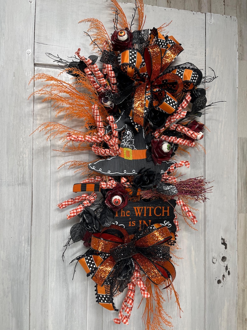 The Witch is in Halloween Swag , Spooky Witch Hat Door Hanger With ...