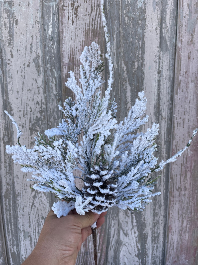 Snow Cedar Spray Artificial Christmas Greenery Stems Flocked Etsy
