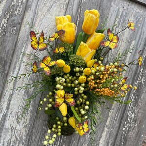 Yellow Tulip Wall Basket, Front Door Farmhouse Basket, Spring Tulip Door Hanger by Keleas
