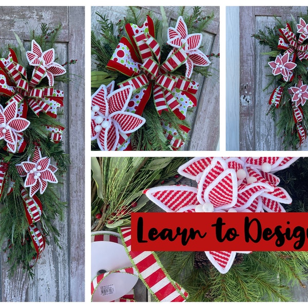 How to make a Peppermint Poinsettia Christmas Swag DIY Wreath Tutorial, Christmas Bow Tutorial How to Video by Keleas