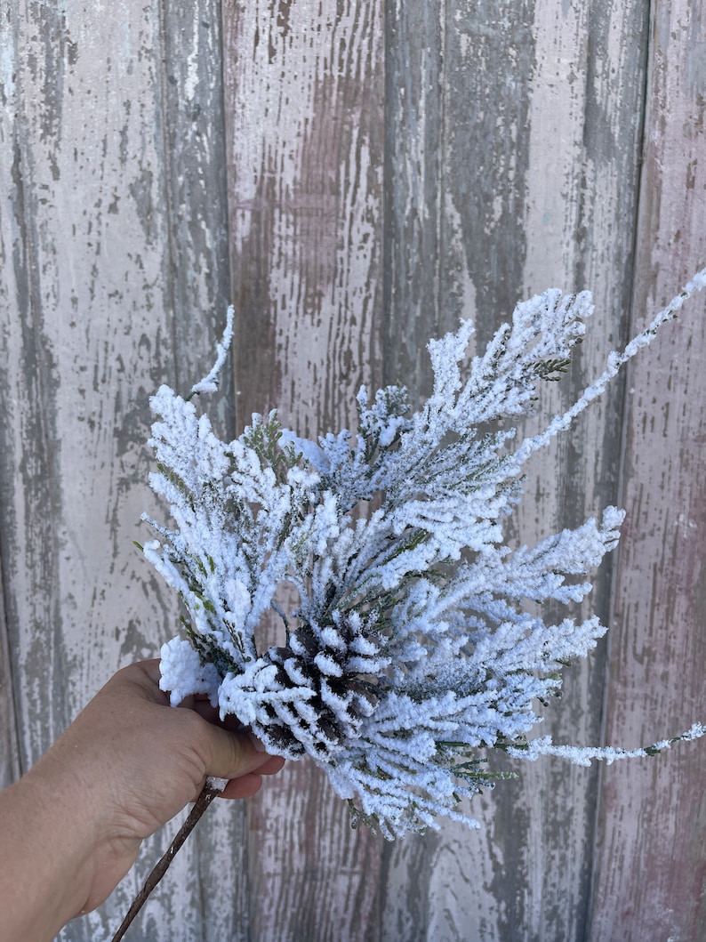 Snow Cedar Spray Artificial Christmas Greenery Stems Flocked Etsy