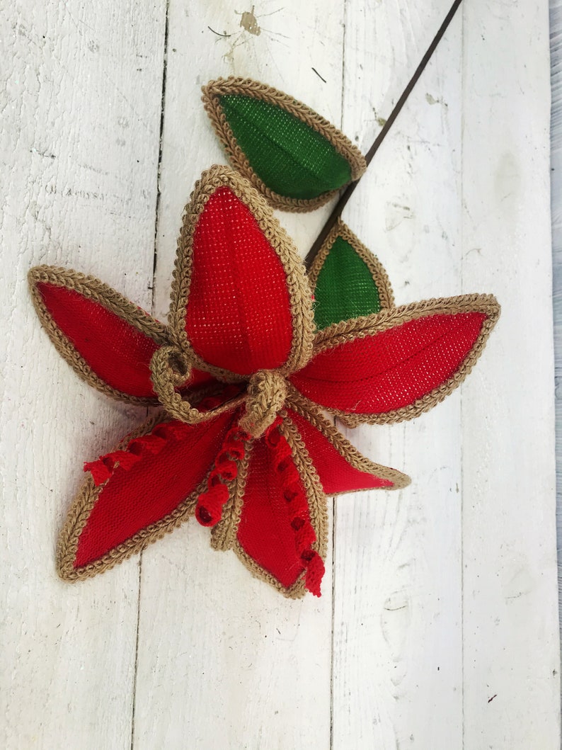 Burlap Poinsettia Stem Christmas greenery stems Flocked Etsy