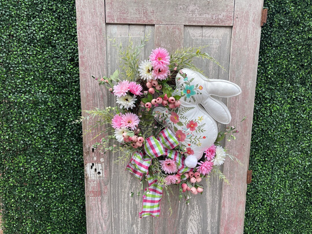 Easter Bunny Wreath Door Decor, Bunny Wreath With Pink Florals, Easter ...