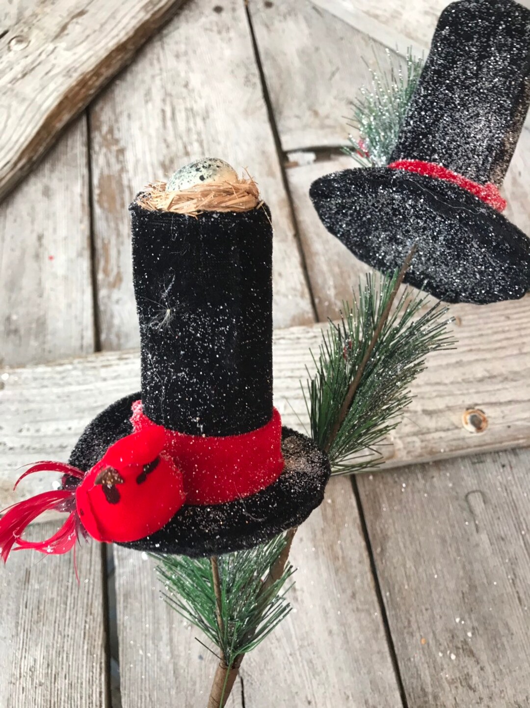 Top Hat Pick, Snowman Top Hats, Snowman Hat Pine Spray, Christmas Greenery Stems, Christmas