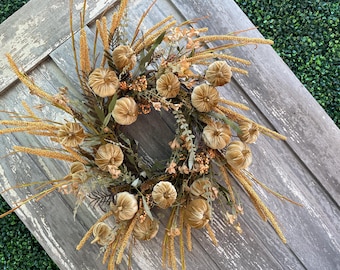 Fall Velvet Pumpkin Wreath, Thanksgiving Door Wreath, Rustic Harvest Wreath with Soft Pumpkins, Golden Velvet Pumpkin Wreath by Keleas
