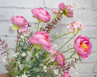 Large Pink Ranunculus Stem with filler flowers and greenery, Spring and Summer Silk Flowers for floral design and wreath making