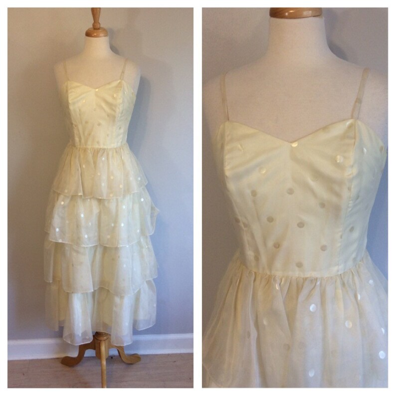 Vintage 70/'s white polka dot Roberta Ruffle Dress Gown