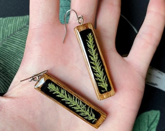 Resin & Wood Earrings with Fern Leaf on Black Background: Nature Jewelry/ Black Fern Earrings, Witchy Botanical Jewelry by BuildWithWood